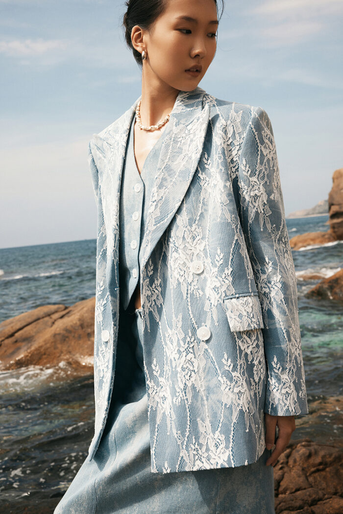 Brezza Single-Breasted Lace And Marble Denim Blazer - Image 1