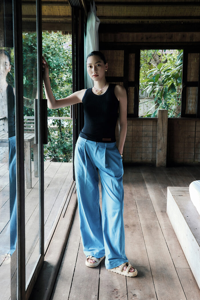 Pleated Denim Wide-Leg Pants - Image 1