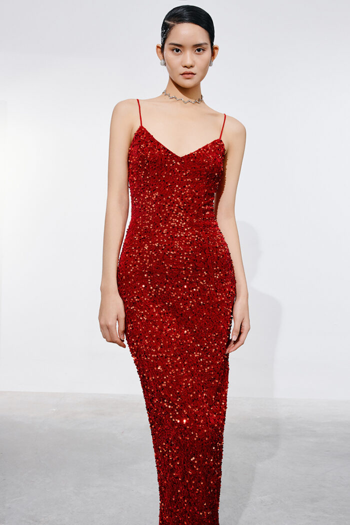 Claret Sequined Stretch-Velvet Gown - Image 2