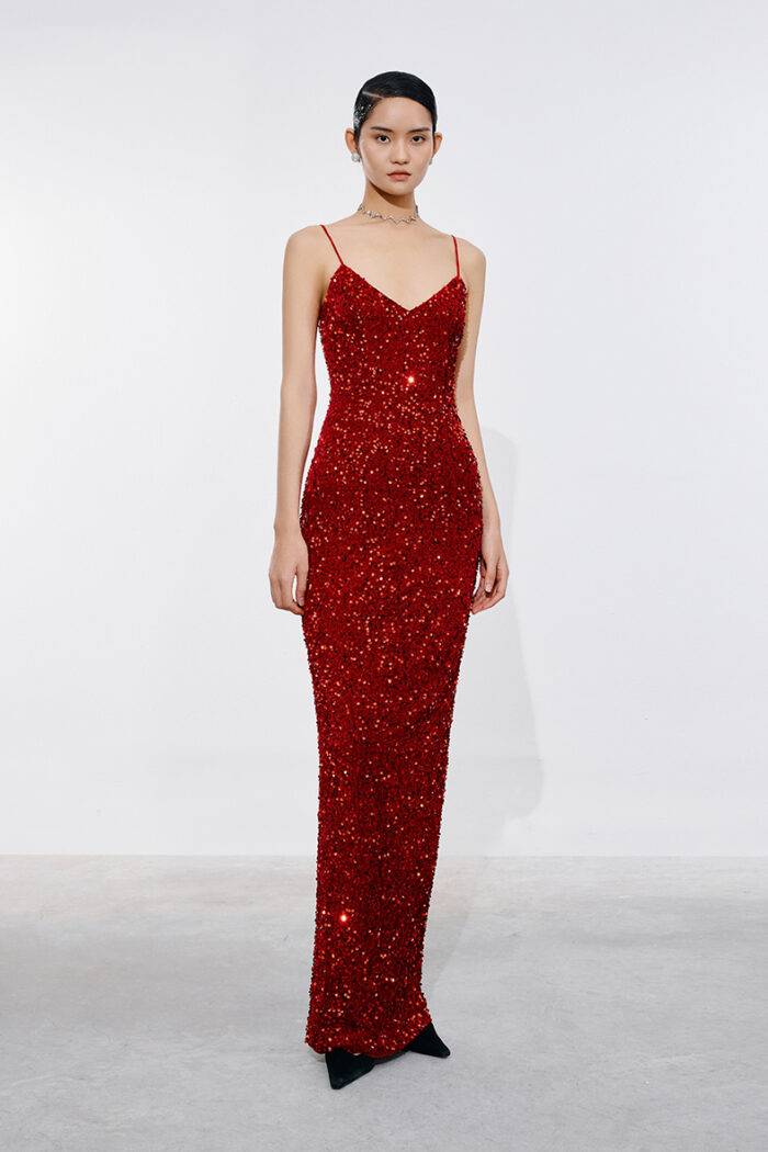 Claret Sequined Stretch-Velvet Gown - Image 3
