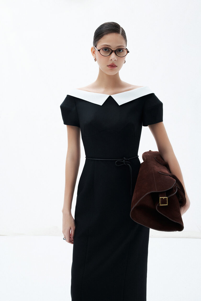 Ainara Black Off Shoulder Polished Midi Dress