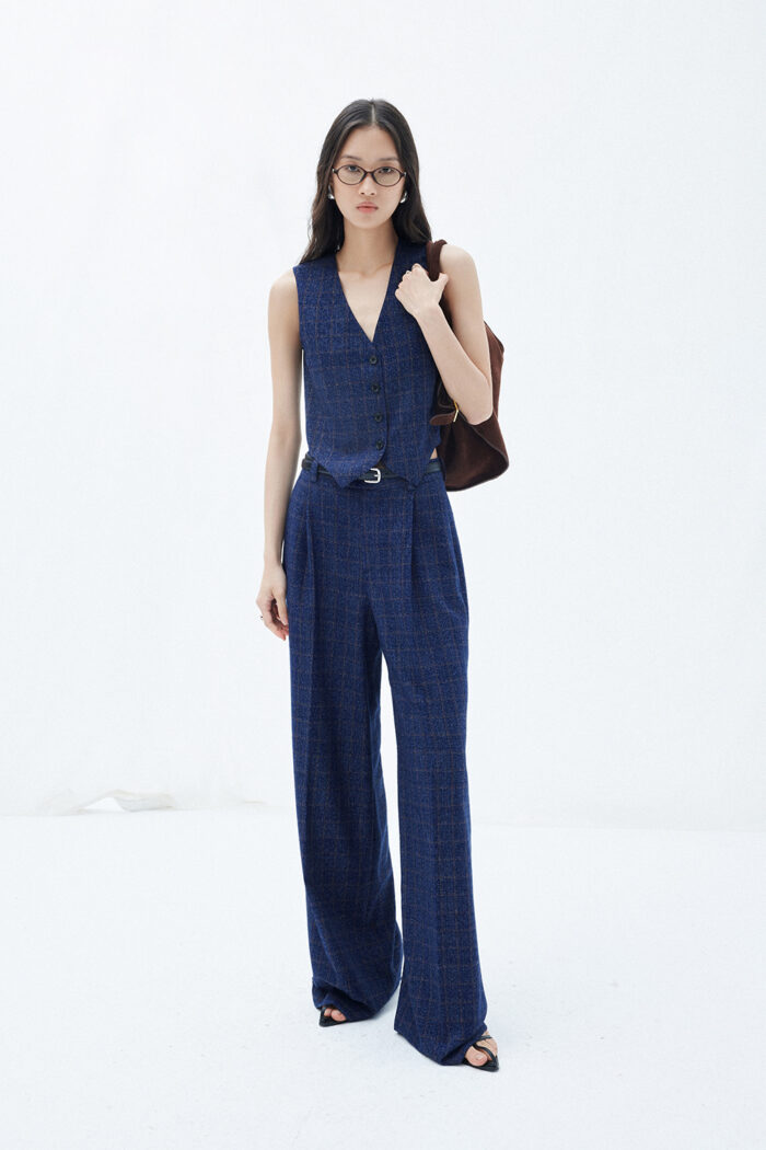 Wide-leg Pleated Crepe Checked Pants - Image 1