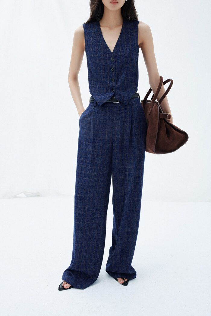 Wide-leg Pleated Crepe Checked Pants - Image 2