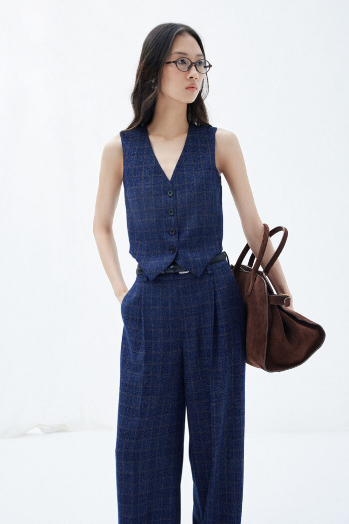Wide-leg Pleated Crepe Checked Pants - Image 4