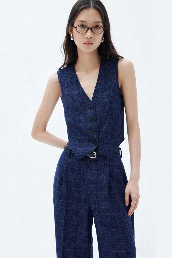 Wide-leg Pleated Crepe Checked Pants - Image 3