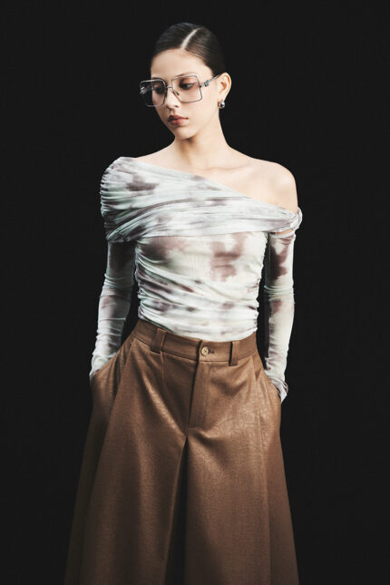 Stella Asymmetric Ruched Printed Stretch-mesh Top
