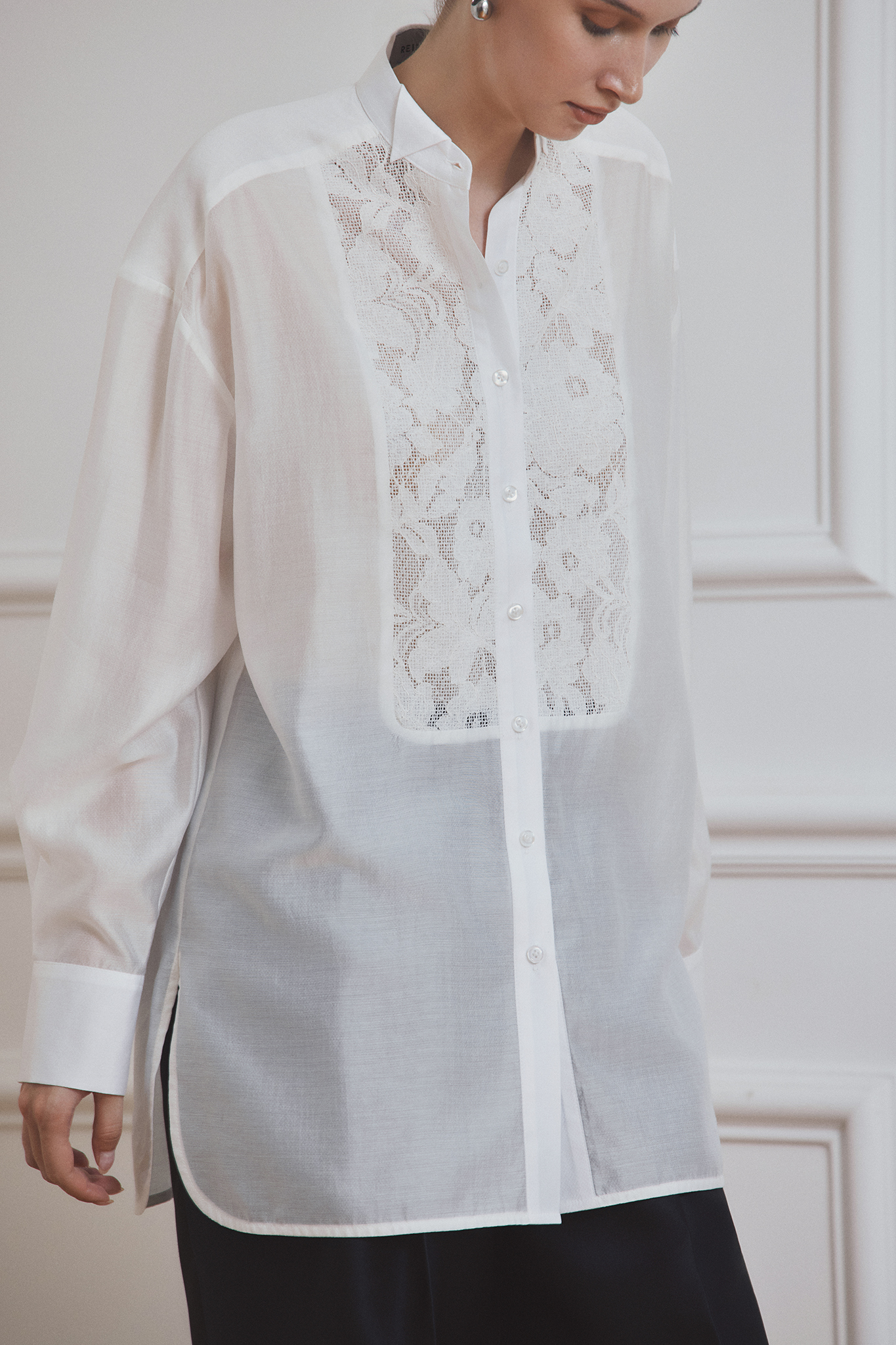 Marisol Sheer-poplin Lace-Bib Button Shirt Marisol Sheer-poplin Lace-Bib Button Shirt - Image 1